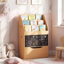 Natural cat-ear kids bookcase with chalkboard and rolling drawer: reading-corner styling view