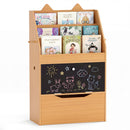Natural cat-ear kids bookcase with chalkboard and rolling drawer: loaded front three-quarter view