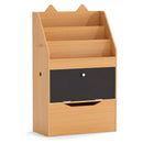 Natural cat-ear kids bookcase with chalkboard and rolling drawer: empty front three-quarter view