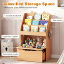 Natural cat-ear kids bookcase with chalkboard and rolling drawer: storage compartments and side hooks