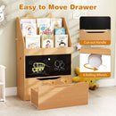 Natural cat-ear kids bookcase with chalkboard and rolling drawer: drawer handle and four-wheel detail