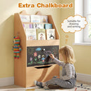 Natural cat-ear kids bookcase with chalkboard and rolling drawer: child using the chalkboard