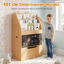 Natural cat-ear kids bookcase with chalkboard and rolling drawer: child reaching a book