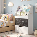 White cat-ear kids bookcase with chalkboard and rolling drawer: bedroom styling view