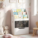 White cat-ear kids bookcase with chalkboard and rolling drawer: reading-corner styling view