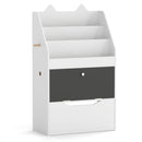 White cat-ear kids bookcase with chalkboard and rolling drawer: empty front three-quarter view