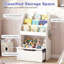 White cat-ear kids bookcase with chalkboard and rolling drawer: storage compartments and side hooks