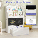 White cat-ear kids bookcase with chalkboard and rolling drawer: drawer handle and four-wheel detail