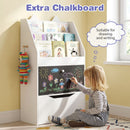 White cat-ear kids bookcase with chalkboard and rolling drawer: child using the chalkboard