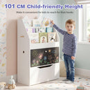 White cat-ear kids bookcase with chalkboard and rolling drawer: child reaching a book