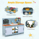 Blue mud kitchen showing its two upper flowerpot holders, central open shelves and sliding cabinet doors