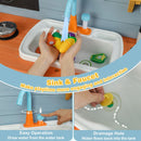 Blue mud kitchen sink showing the recirculating tap, push control and return drain with example toy food
