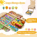 Bear-style under-top storage and chair fabric drawers; props excluded