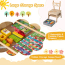 Robot-style table storage and removable chair fabric drawers; props excluded