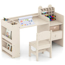 Natural art desk and chair styled with art supplies and storage box