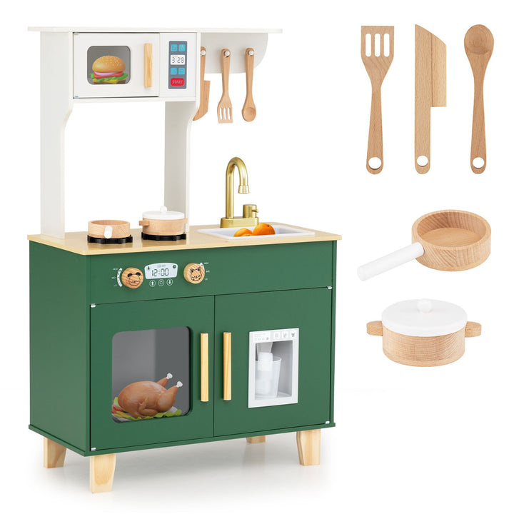 Wooden Play Kitchen with Microwave and Toy Ice Dispenser, Green, product view 3