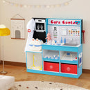 Blue doctor play centre arranged in a room, showing the toy sink, examination shelf and two red fabric drawers