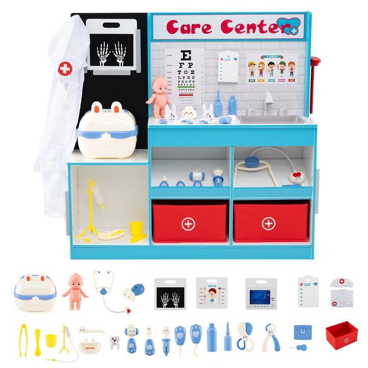 Blue wooden doctor play centre with its displayed toy accessory assortment on a white background