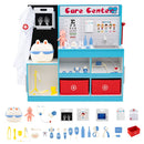 Blue wooden doctor play centre with its displayed toy accessory assortment on a white background