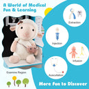 Blue doctor play centre examination shelf and close-ups of pretend dental, injection, infusion and stethoscope toys