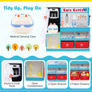 Blue doctor play centre showing its carrying case, coat hook, open compartments, shelves and two red fabric drawers