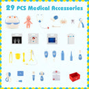 Supplier display of the Blue play centre’s 29-piece toy accessory assortment, including carrying case, doll, picture cards and dress-up items