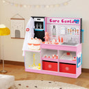 Pink doctor play centre arranged in a room, showing the toy sink, examination shelf and two red fabric drawers