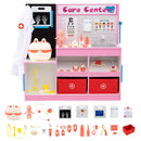 Pink wooden doctor play centre with its displayed toy accessory assortment on a white background