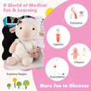Pink doctor play centre examination shelf and close-ups of pretend dental, injection, infusion and stethoscope toys