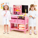 Children beside the pink doctor play centre with example dress-up clothing