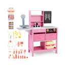 Pink wooden doctor play centre with toy scale, sink, blackboard and its displayed accessory assortment