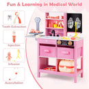 Pink doctor play centre and close-ups of pretend dental, injection, infusion and stethoscope toys