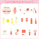 Pink play centre’s displayed toy accessories with carrying case, doll and pretend medical instruments