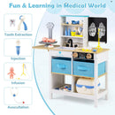 White doctor play centre and close-ups of pretend dental, injection, infusion and stethoscope toys