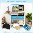 White doctor play centre showing its blackboard ledge, folding side worktop and removable fabric drawer