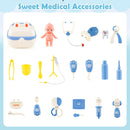 White play centre’s displayed toy accessories with carrying case, doll and pretend medical instruments