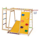 Rainbow wooden jungle gym with basketball hoop and reversible ramp