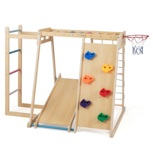 Macaron wooden jungle gym with basketball hoop and reversible ramp