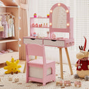 Pink lighted vanity and fabric-bin chair in an example bedroom setting