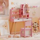 Pink vanity and chair viewed from the side with example dressing-up accessories