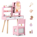 Pink vanity with its mirror cabinet open, matching chair and five illustrated toy accessories