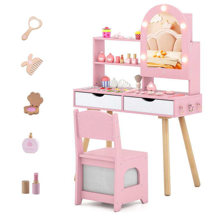 Pink vanity with closed arched mirror cabinet, two drawers, side hooks and matching grey-bin chair