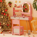 Pink vanity and chair in a festive room with example decorations
