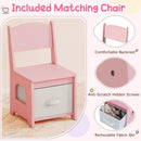 Pink chair showing its backrest, recessed screws and removable grey fabric bin