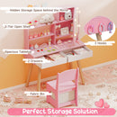 Pink vanity storage illustration showing the mirror cabinet, shelves, both drawers open and three side hooks