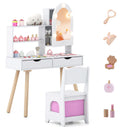 White vanity with its mirror cabinet open, matching chair and five illustrated toy accessories