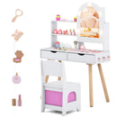 White vanity with closed arched mirror cabinet, two drawers, side hooks and matching pink-bin chair