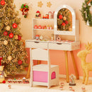 White vanity and chair in a festive room with example decorations