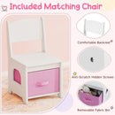 White chair showing its backrest, recessed screws and removable pink fabric bin