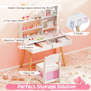 White vanity storage illustration showing the mirror cabinet, shelves, both drawers open and three side hooks